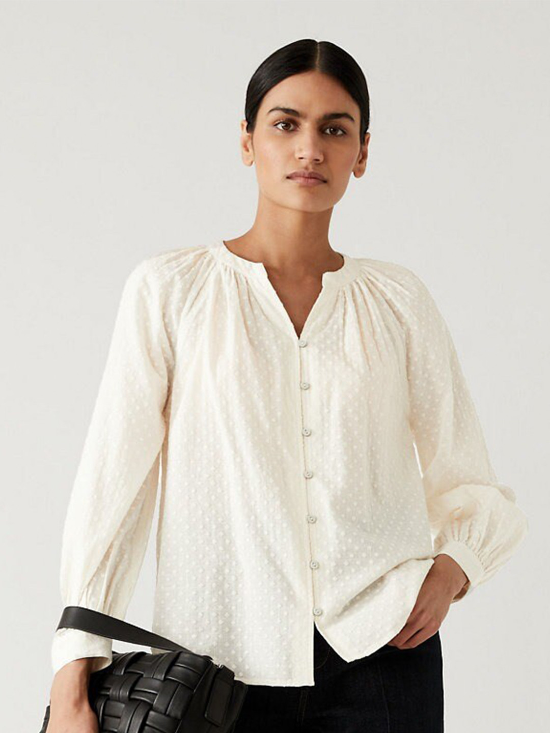 Marks & Spencer Self Design Mandarin Collar Pure Cotton Shirt Style Top, White
Marks & Spencer Self Design Mandarin Collar Pure Cotton Shirt Style Top, White