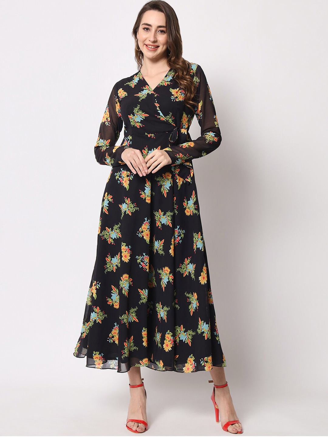 KALINI Floral Printed Angrakha Fit & Flare Midi Dresses, Black