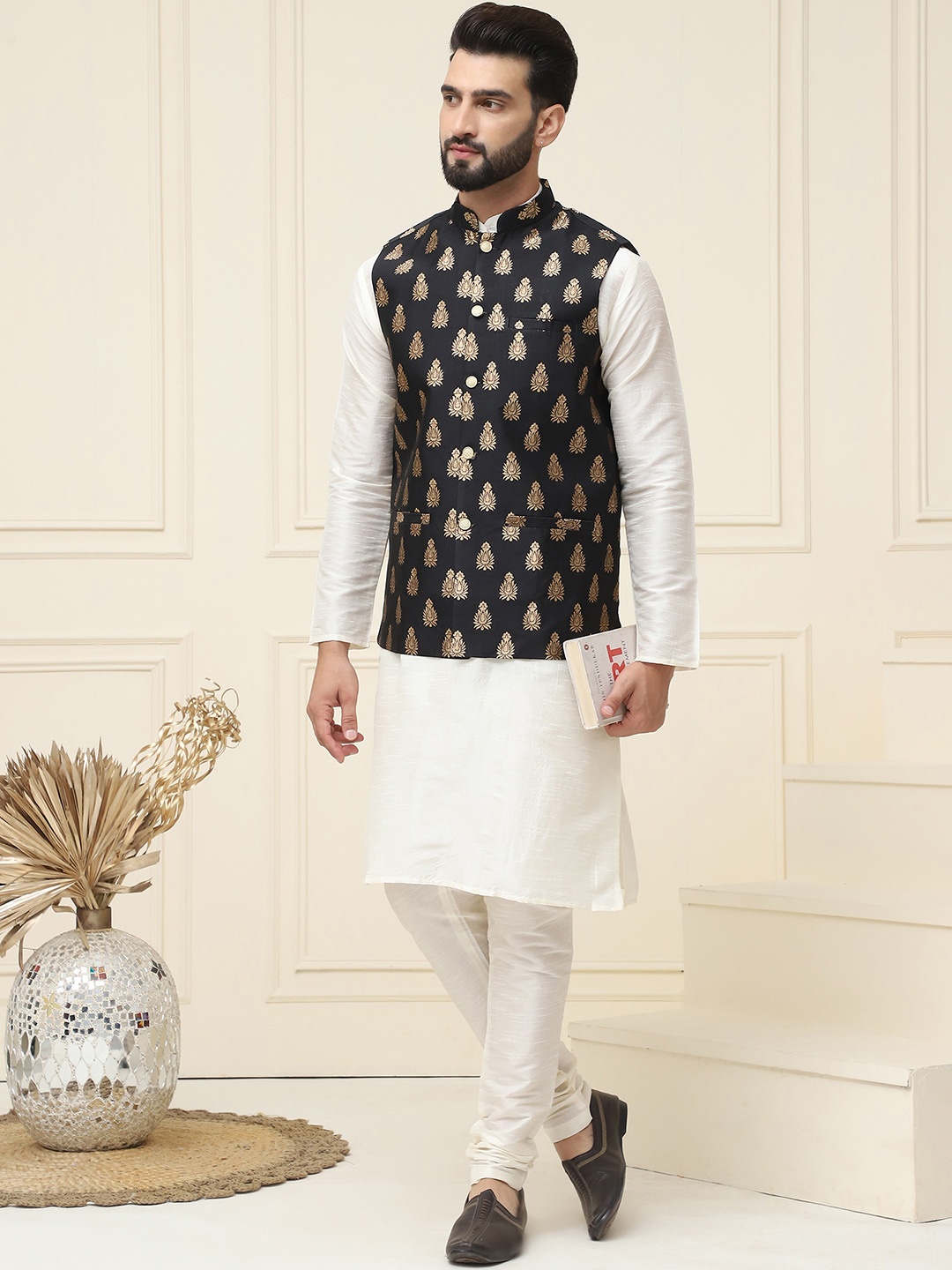 SOJANYA Mandarin Collar Kurta With Churidar & Self Design Nehru Jacket, White
SOJANYA Mandarin Collar Kurta With Churidar & Self Design Nehru Jacket, White