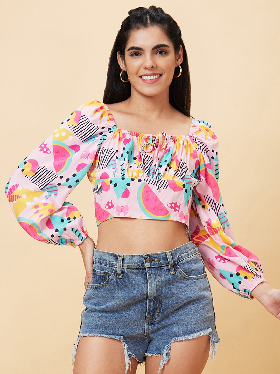 Globus Pink And Blue Conversational Printed Square Neck Puffed Sleeves Crop Cotton Top, Multi
Globus Pink And Blue Conversational Printed Square Neck Puffed Sleeves Crop Cotton Top, Multi