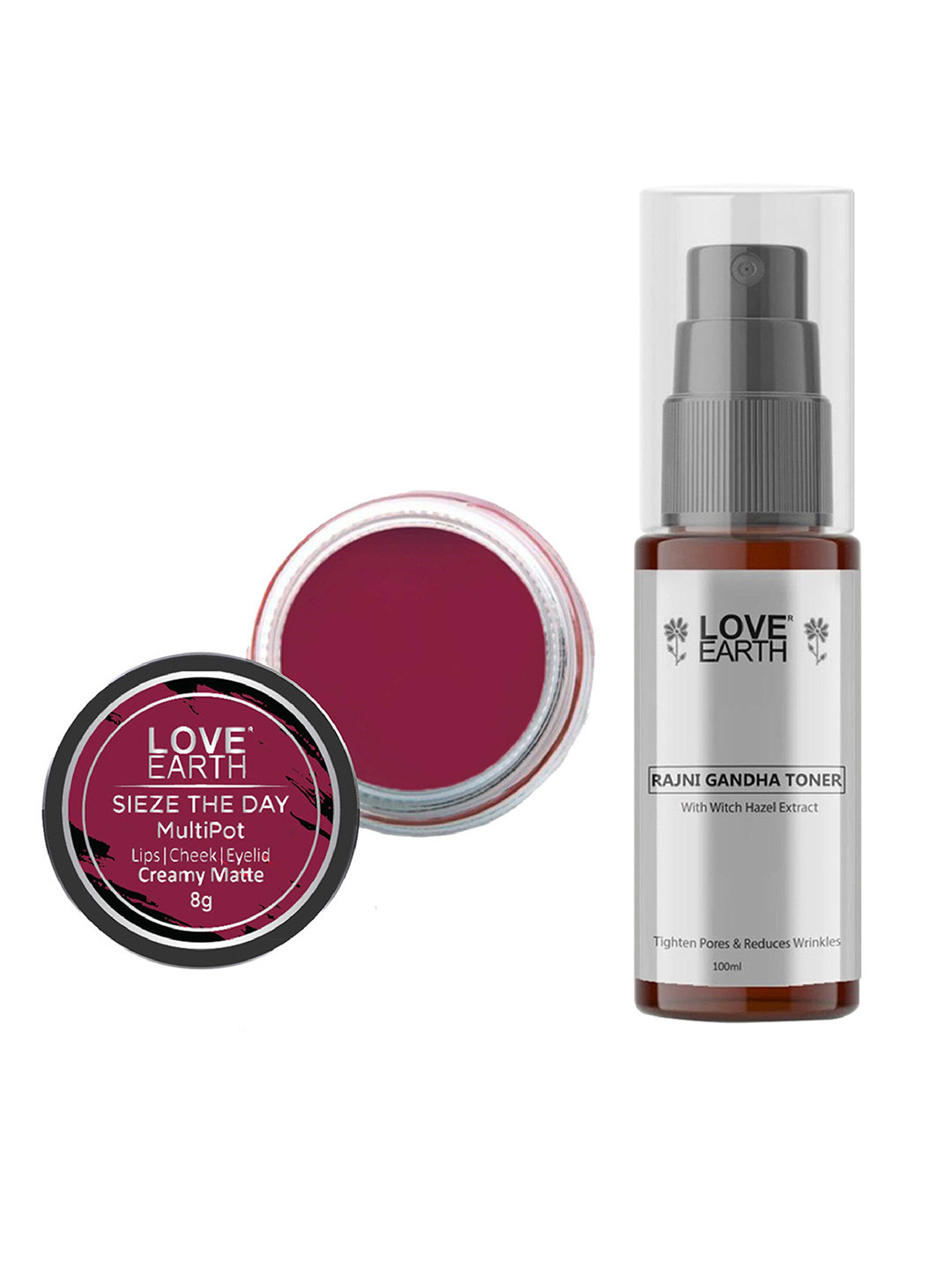 LOVE EARTH Multipot Lip-Cheek-Eyelid Tint 8g & Rajni Gandha Face Toner 100ml, Burgundy
LOVE EARTH Multipot Lip-Cheek-Eyelid Tint 8g & Rajni Gandha Face Toner 100ml, Burgundy