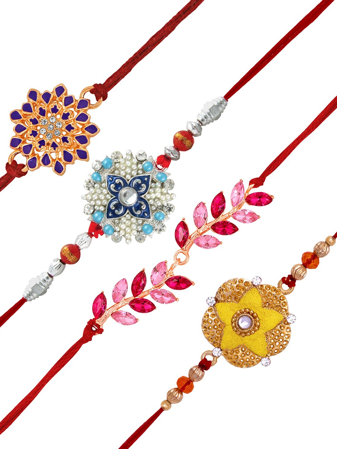 Mahi Set Of 4 Floral & Leafy Charm Rakhi, Red
