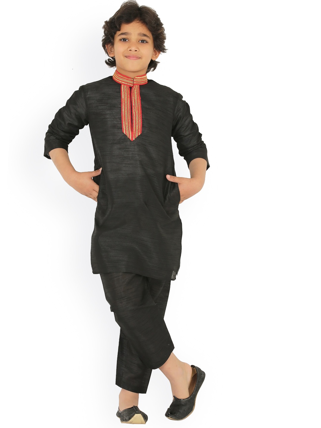 BAESD Boys Band Collar Long Sleeves Thread Work Detailed Dupion Silk Kurta with Pyjamas, Black
BAESD Boys Band Collar Long Sleeves Thread Work Detailed Dupion Silk Kurta with Pyjamas, Black