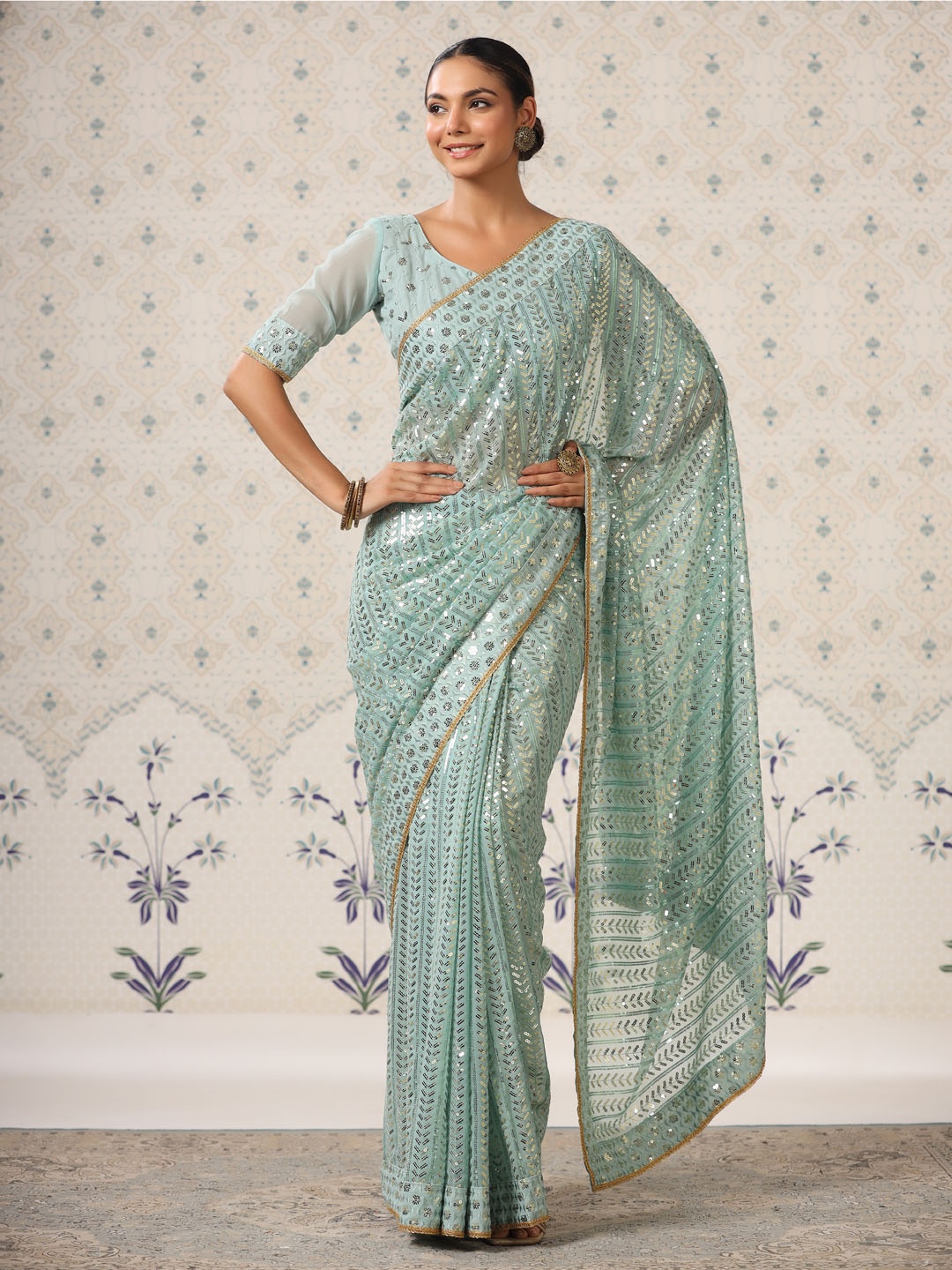 Ode by House of Pataudi Sequinned Embellished Poly Georgette Saree, Turquoise blue
Ode by House of Pataudi Sequinned Embellished Poly Georgette Saree, Turquoise blue