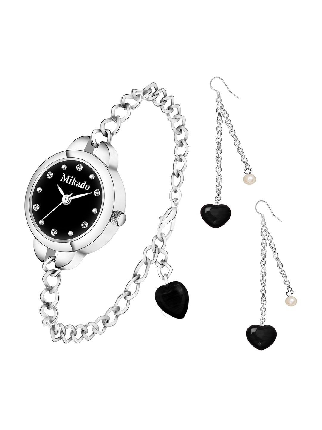 Mikado Women Black Brass Embellished Dial & Silver Toned Stainless Steel Embellished Straps Analogue Watch
Mikado Women Black Brass Embellished Dial & Silver Toned Stainless Steel Embellished Straps Analogue Watch