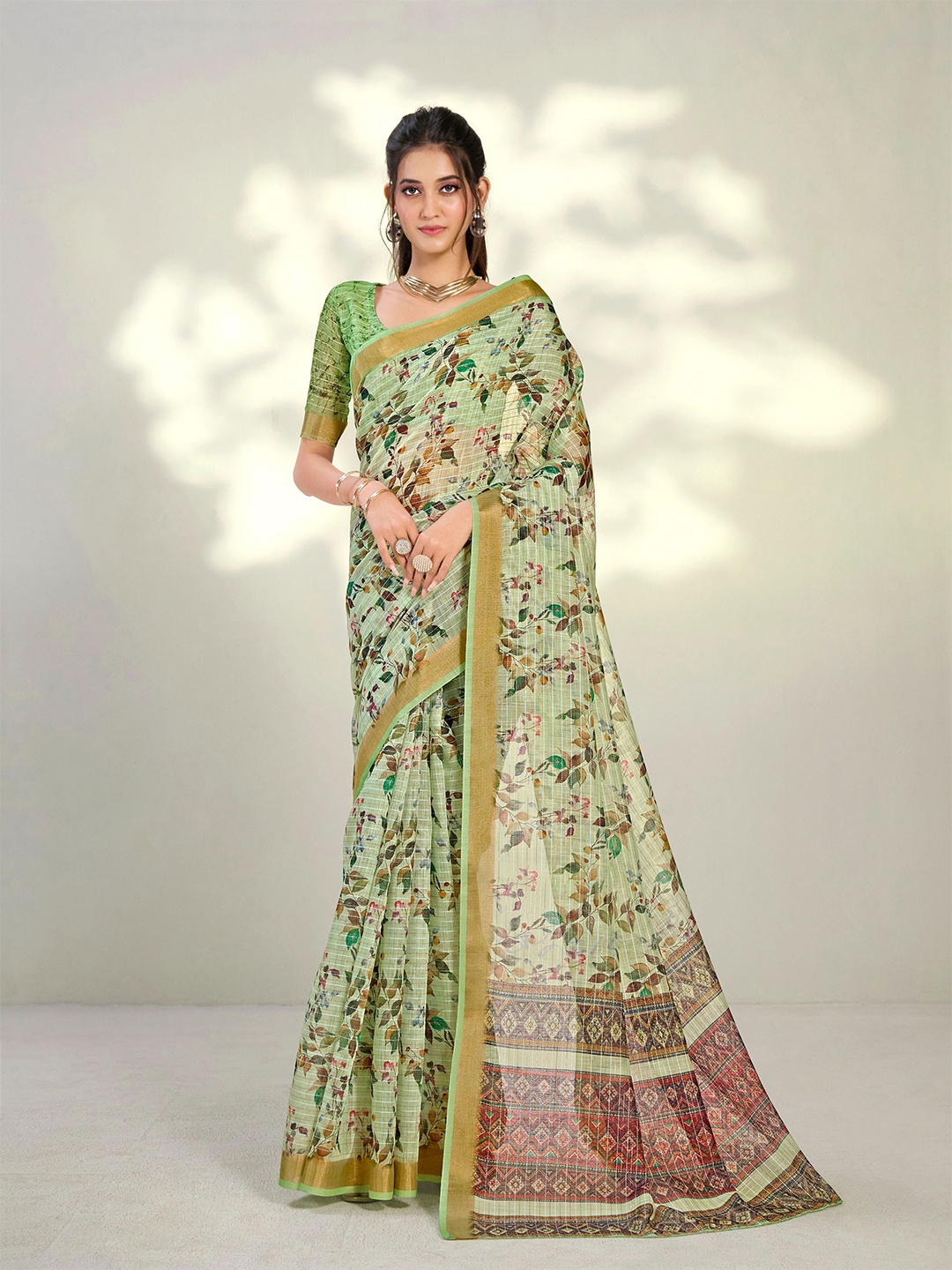 Dori Floral Printed Zari Saree, Green