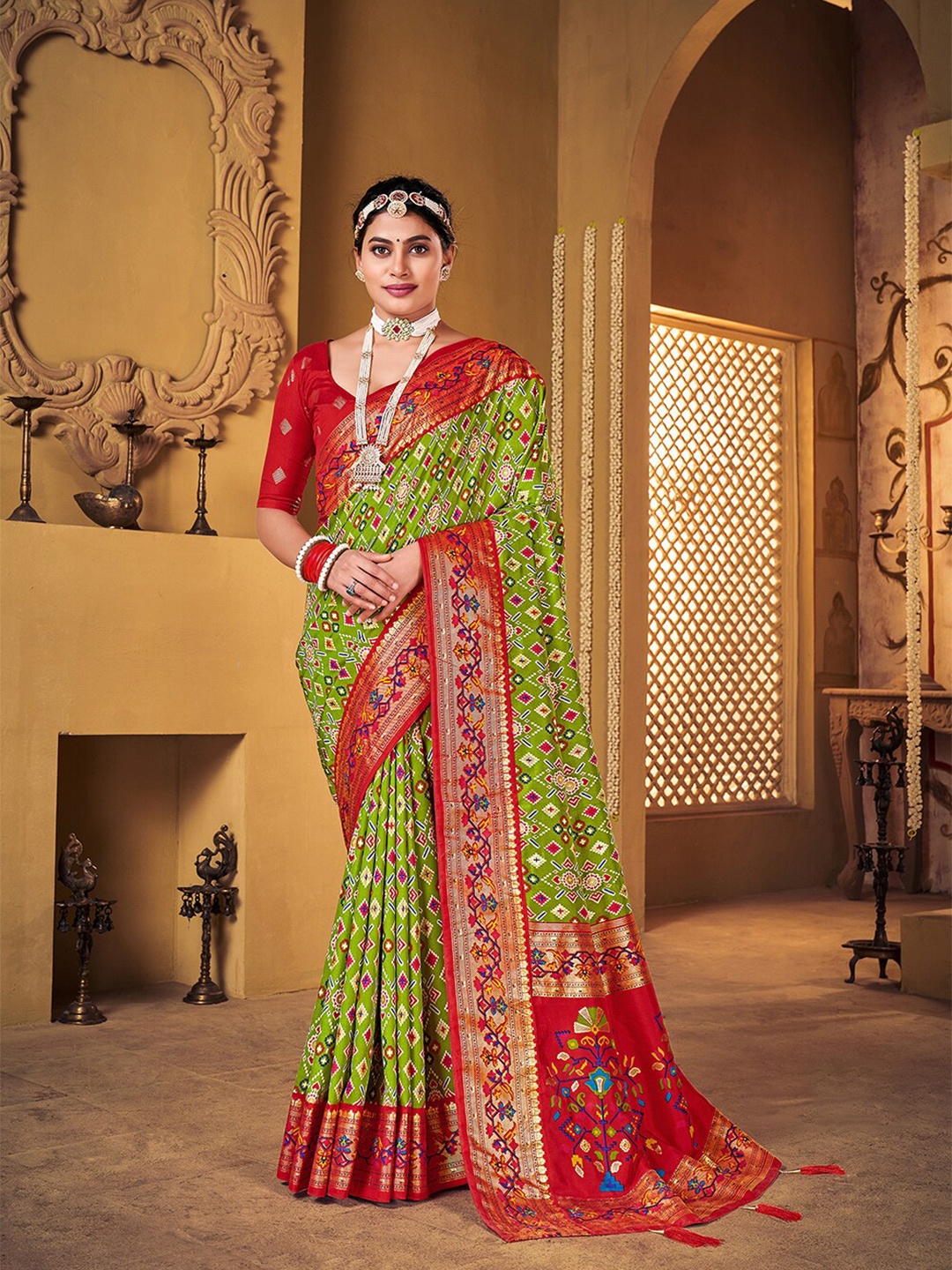 Mitera Green & Red Ethnic Motifs Printed Zari Silk Cotton Mysore Silk Saree