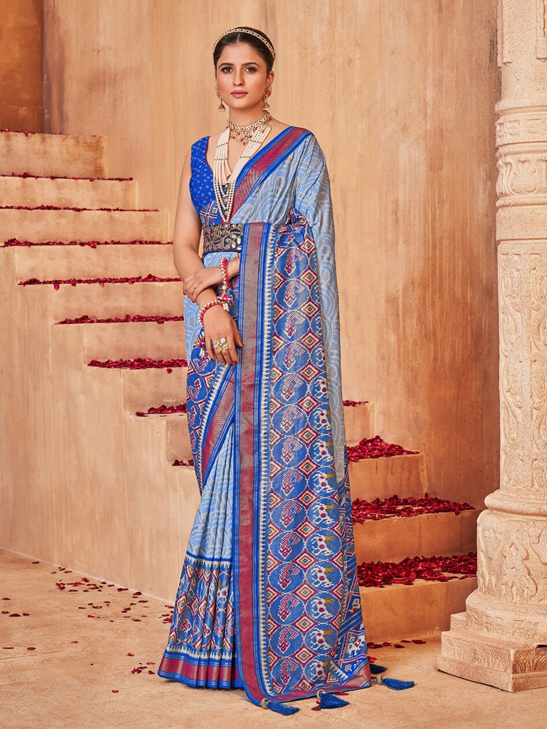 Mitera Bandhani Printed Zari Patola Silk Cotton Saree, Blue