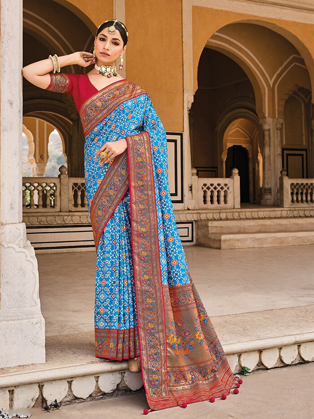 Mitera Blue Bandhani Printed Zari Silk Cotton Patola Saree