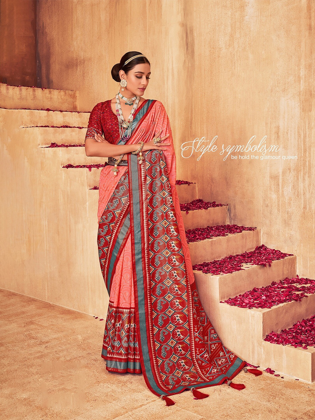 Mitera Peach Bandhani Printed Zari Silk Cotton Patola Saree