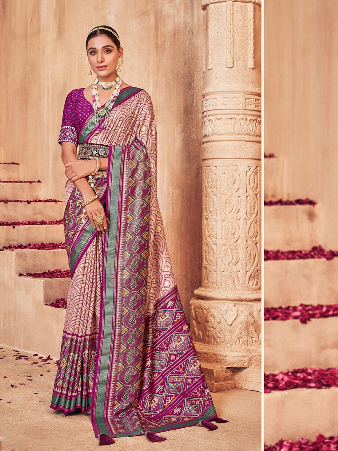 Mitera Cream-Coloured & Purple Bandhani Silk Cotton Patola Saree