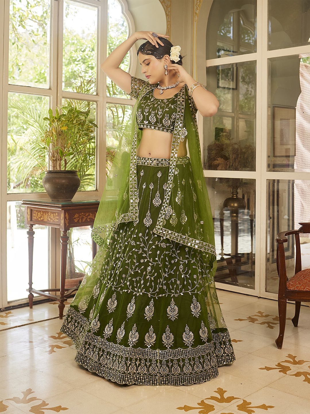 WHITE FIRE Embroidered Semi-Stitched Lehenga & Unstitched Blouse With Dupatta, Olive
WHITE FIRE Embroidered Semi-Stitched Lehenga & Unstitched Blouse With Dupatta, Olive