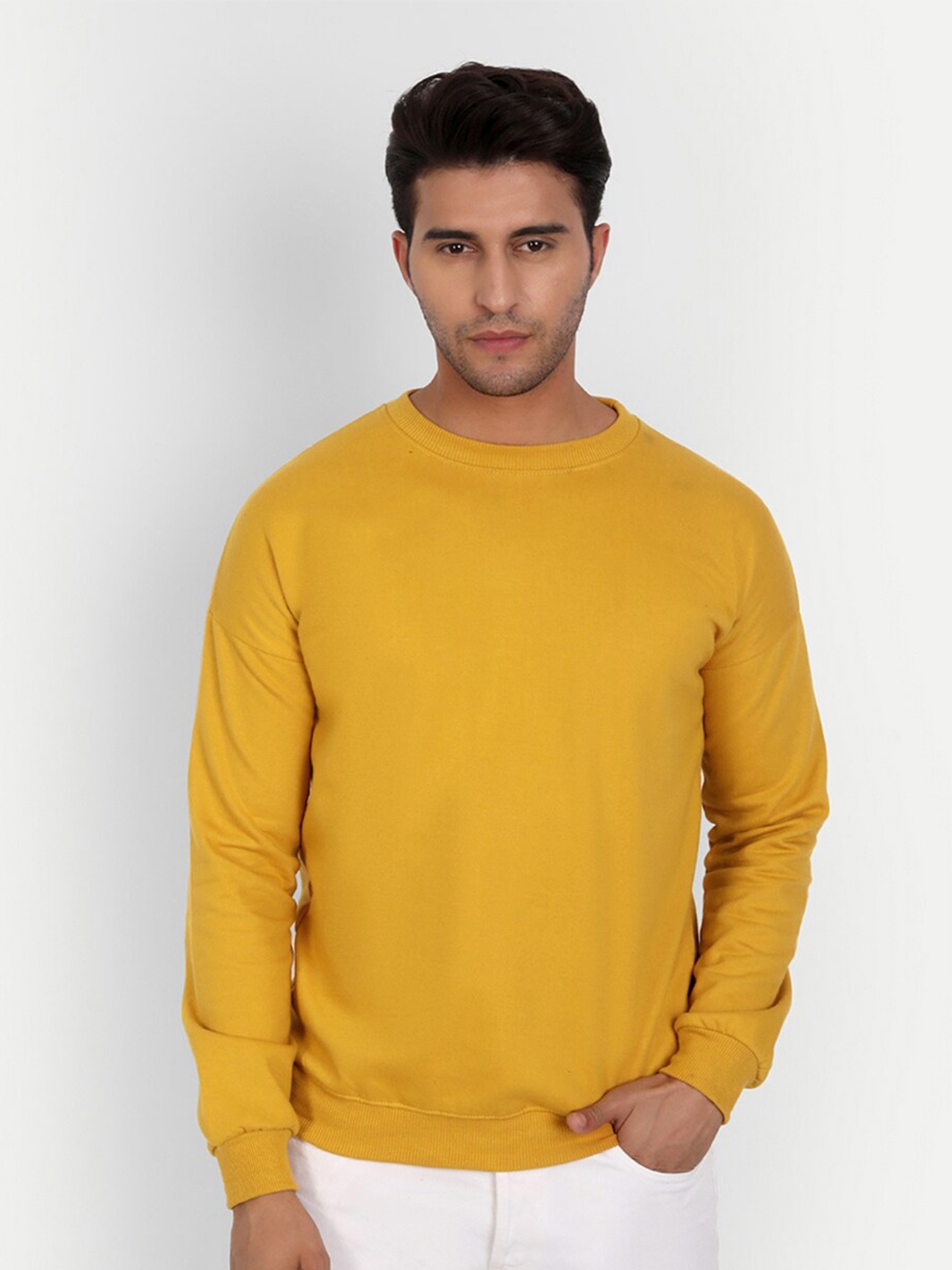 COLOR CAPITAL Round Neck Drop-Shoulder Sleeves Sweatshirt, Mustard