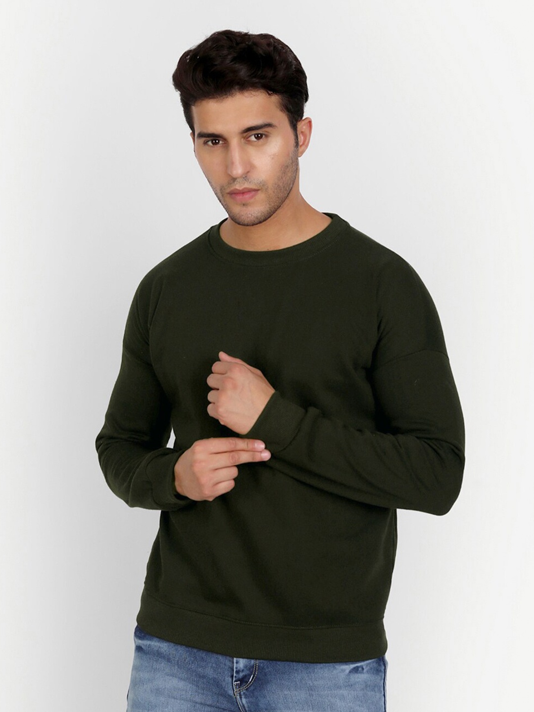 COLOR CAPITAL Round Neck Drop Shoulder Pullover, Olive