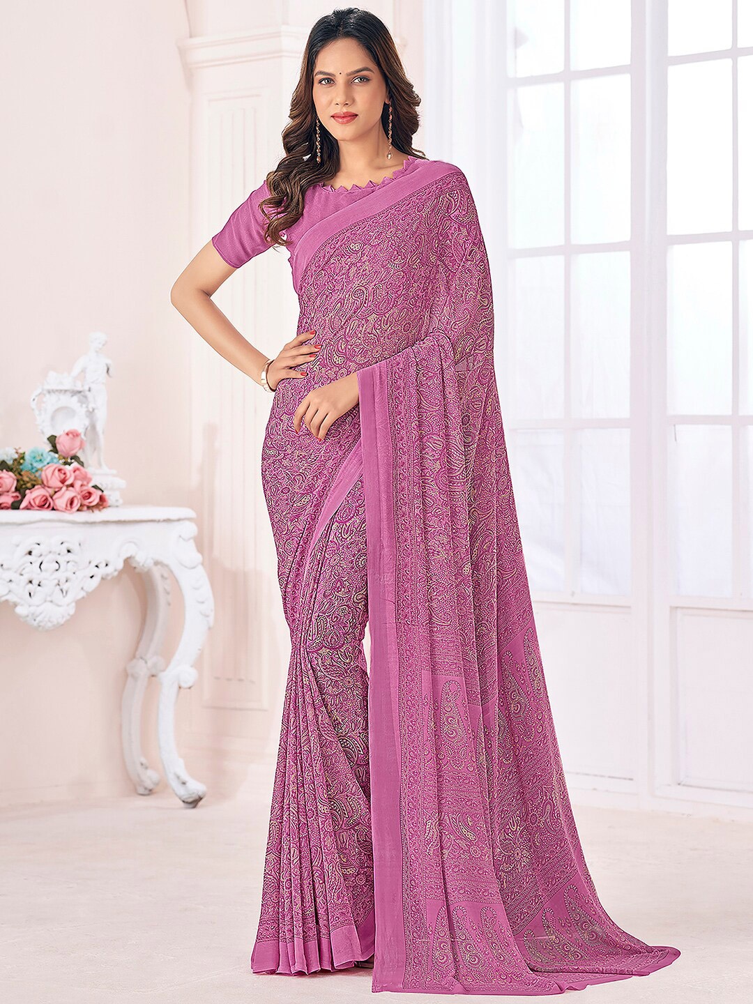 Mitera Floral Printed Saree With Blouse Piece, Pink