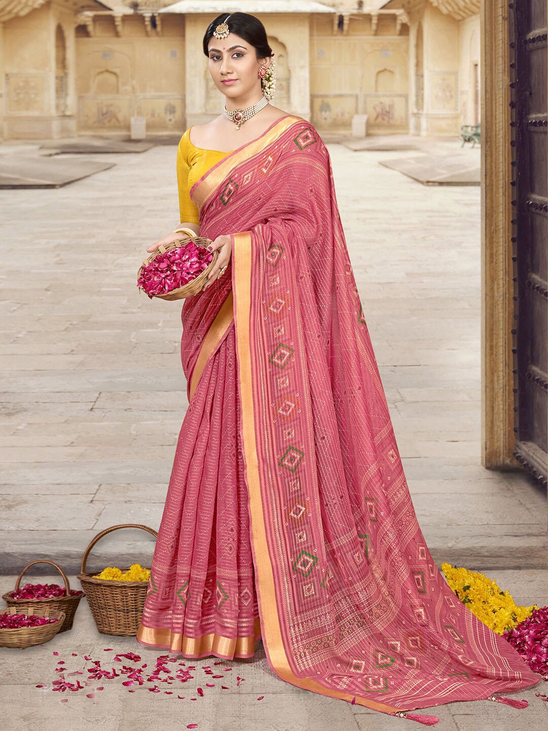 Satrani Geometric Printed Zari Saree, Pink