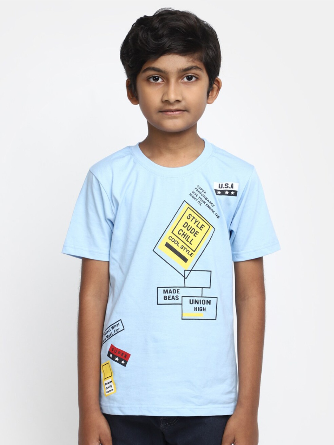 V-Mart Boys Typography Printed Round Neck Cotton T-shirt, Blue