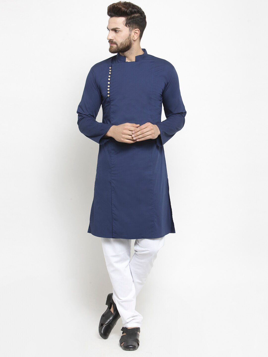 Purple State Mandarin Collar Pure Cotton Regular Pathani Kurta with Pyjamas, Navy blue
Purple State Mandarin Collar Pure Cotton Regular Pathani Kurta with Pyjamas, Navy blue