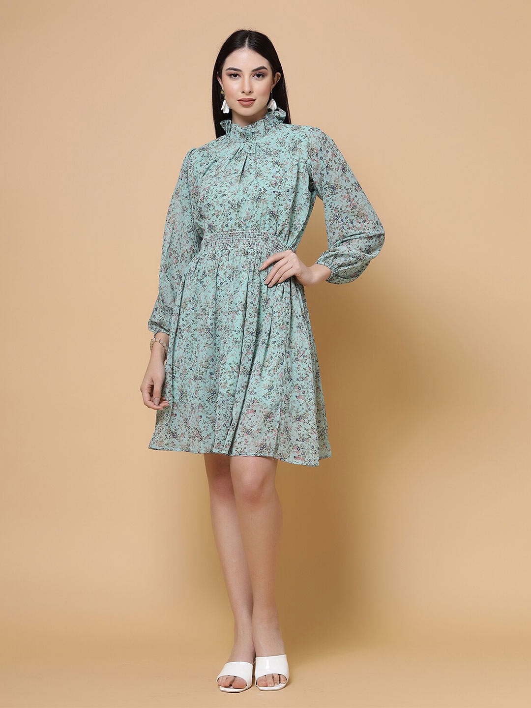 MISS AYSE Floral Printed Smocked Georgette Fit & Flare Dress, Green