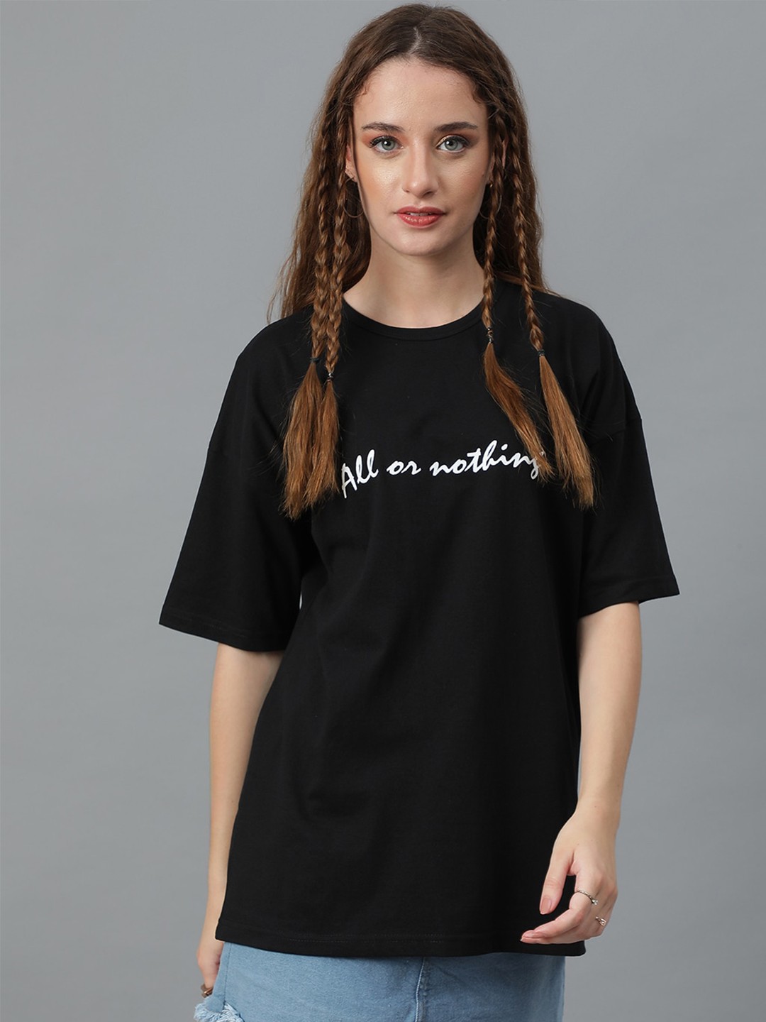 Kotty Typography Printed Round Neck Drop-Shoulder Sleeves Pure Cotton Oversized T-shirt, Black
Kotty Typography Printed Round Neck Drop-Shoulder Sleeves Pure Cotton Oversized T-shirt, Black