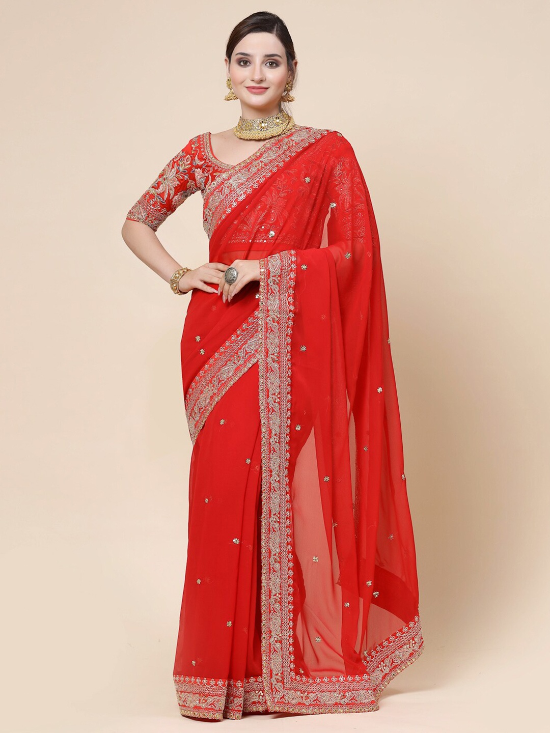 KALINI Ethnic Motifs Embroidered Sequinned Pure Georgette Saree, Red