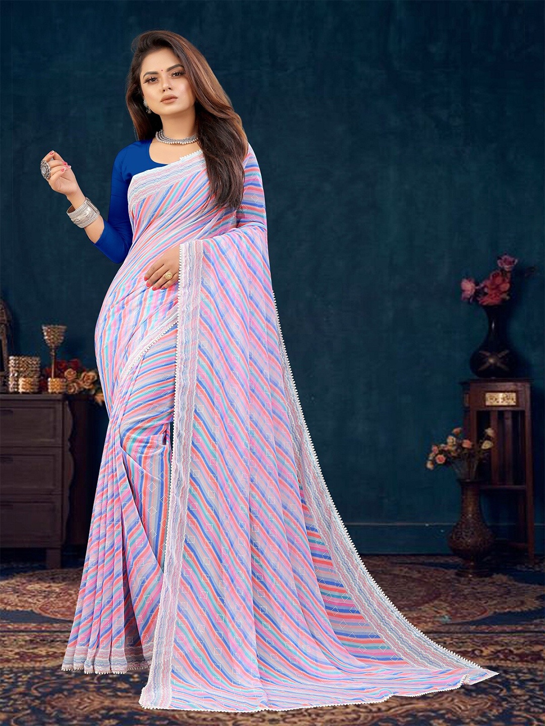 KALINI Striped Pure Georgette Saree, Purple