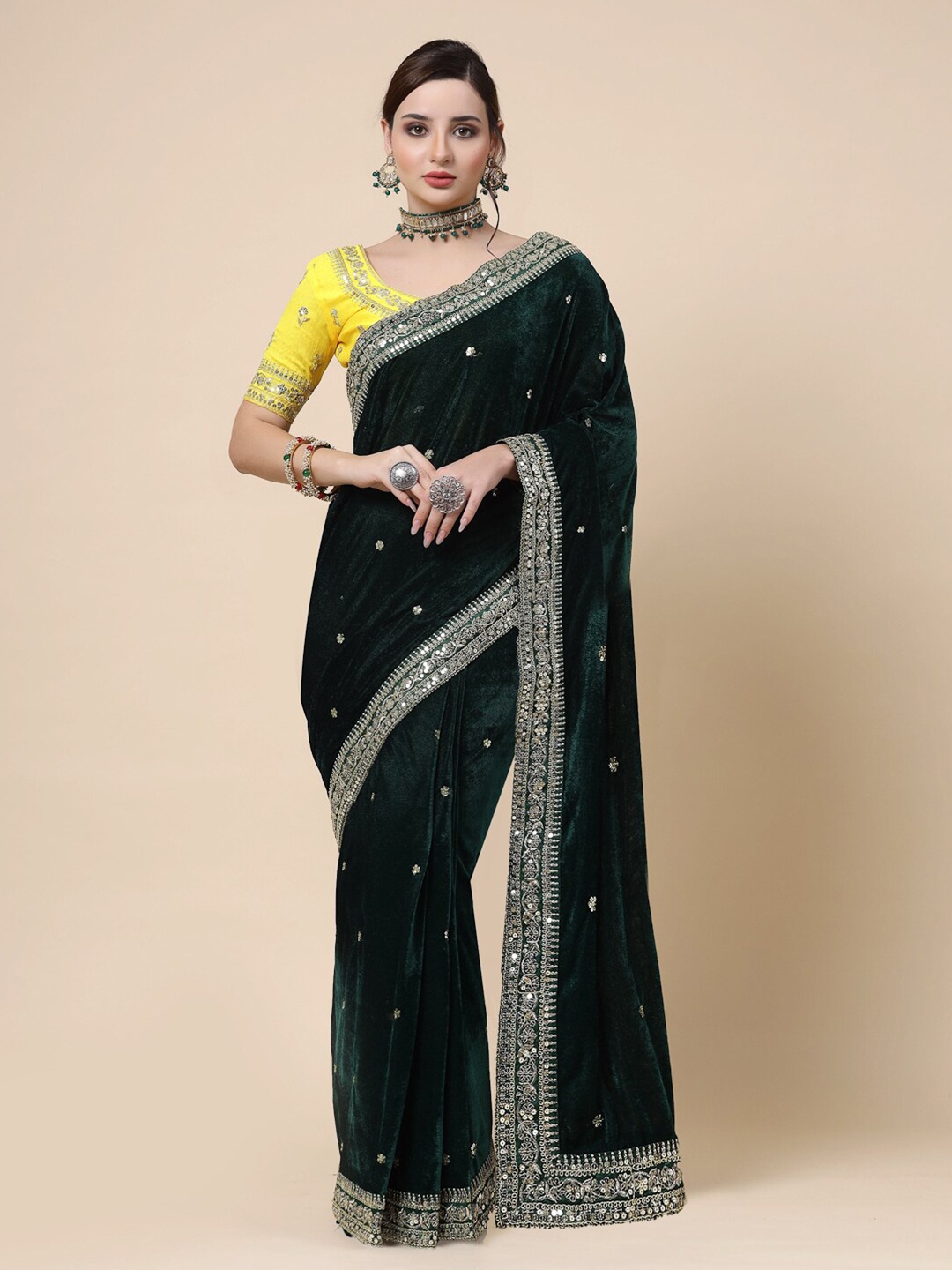 KALINI Ethnic Motifs Embroidered Velvet Saree, Green