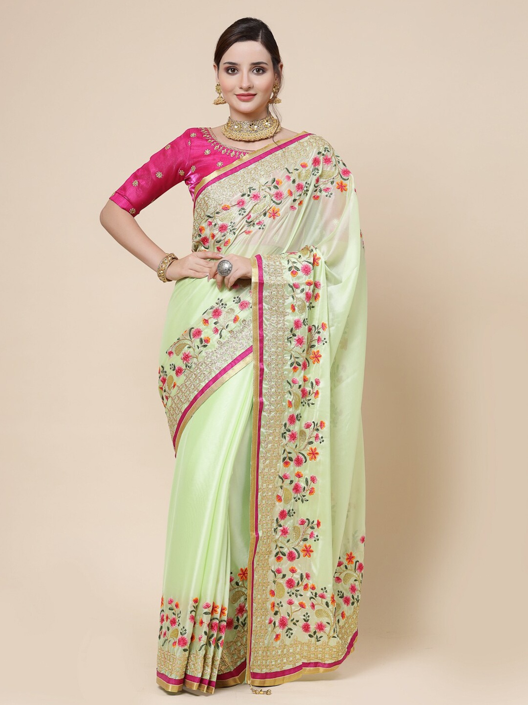 KALINI Floral Embroidered Pure Silk Saree, Green