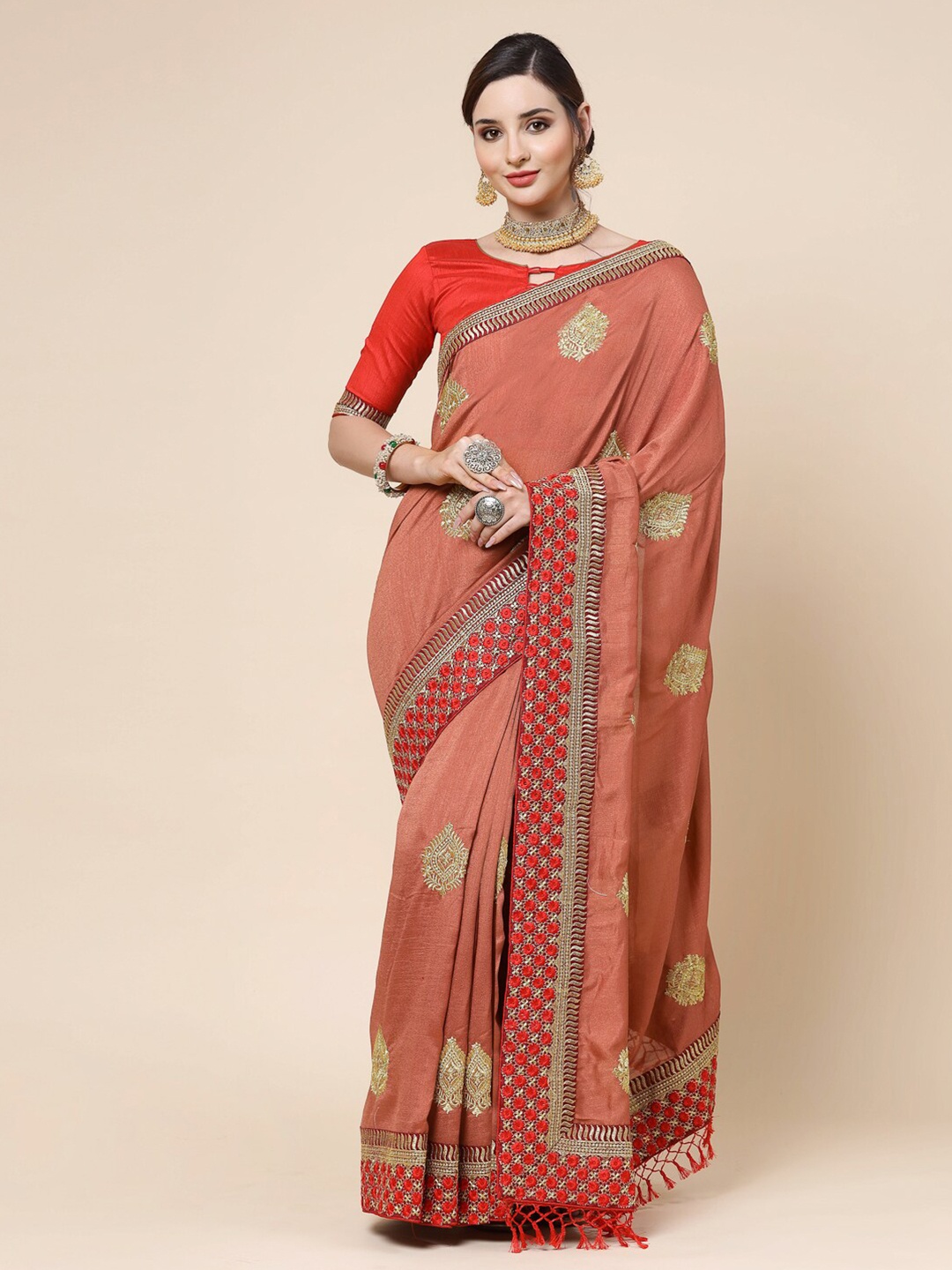 KALINI Ethnic Motifs Embroidered Pure Silk Saree, Peach
