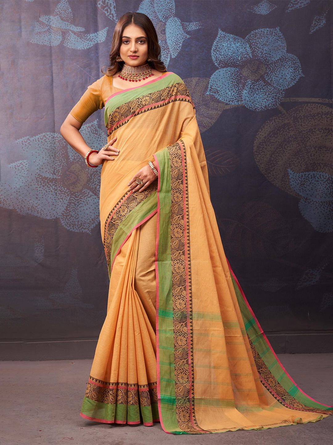 Unnati Silks Woven Design Pure Cotton Handloom Kanjeevaram Saree, Orange