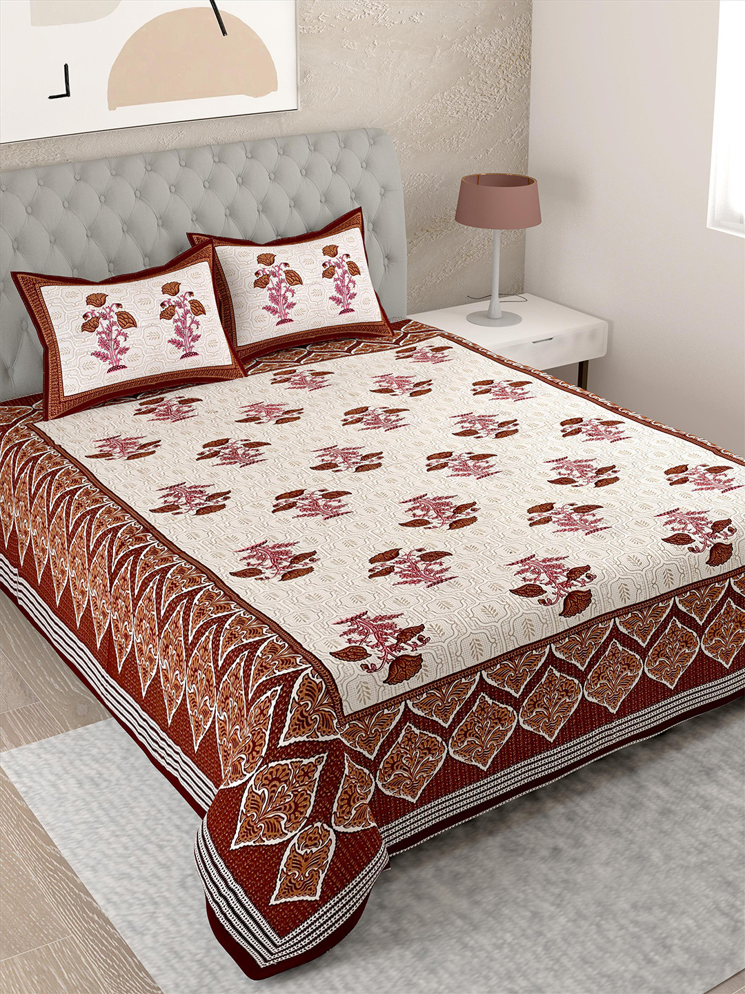 Lali Prints White & Brown Floral 144 TC Cotton Single Bedsheet with 2 Pillow Covers
Lali Prints White & Brown Floral 144 TC Cotton Single Bedsheet with 2 Pillow Covers