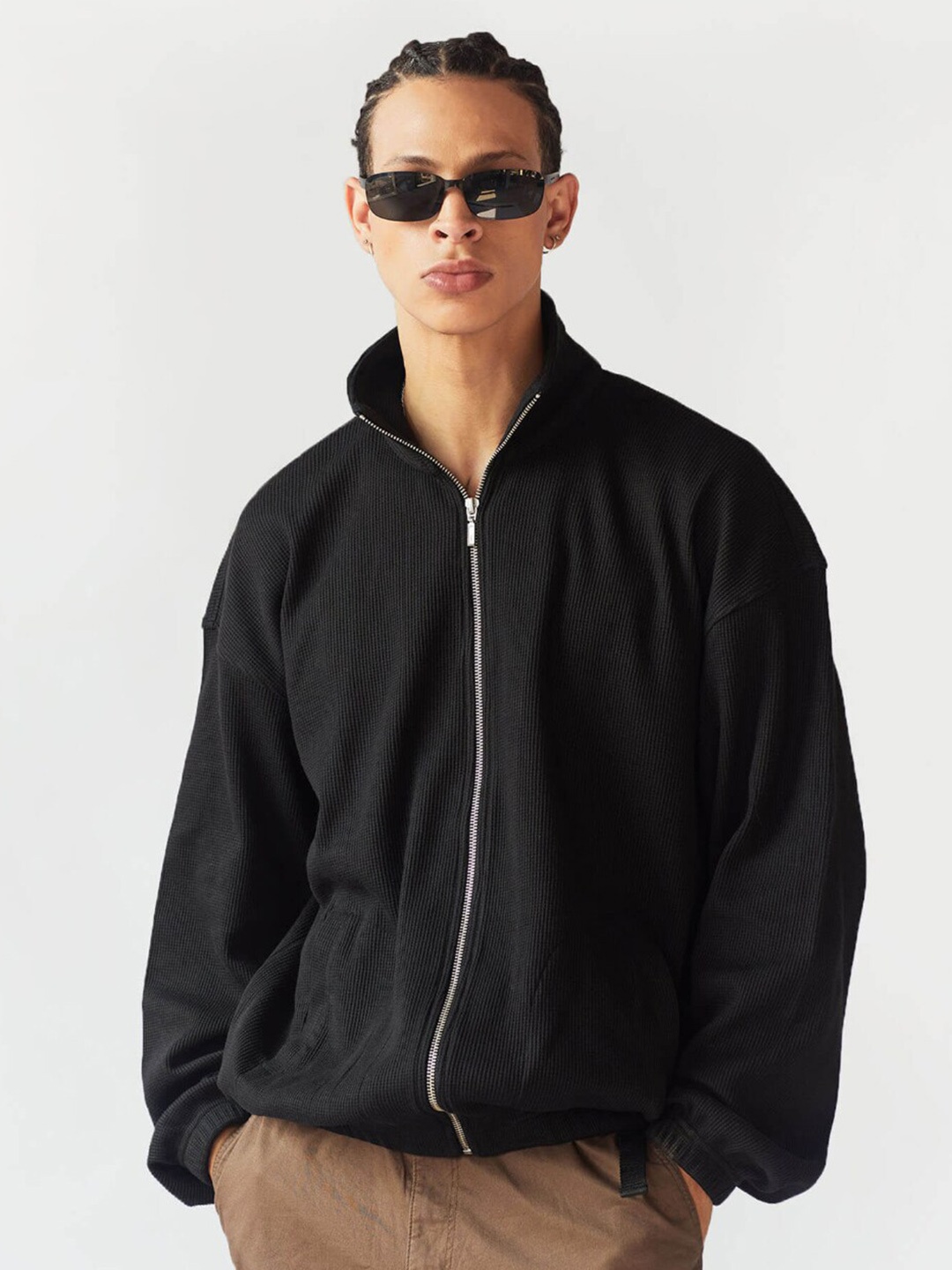 Bonkers Corner Black Self Designed Striped High Neck Cotton Sweatshirt