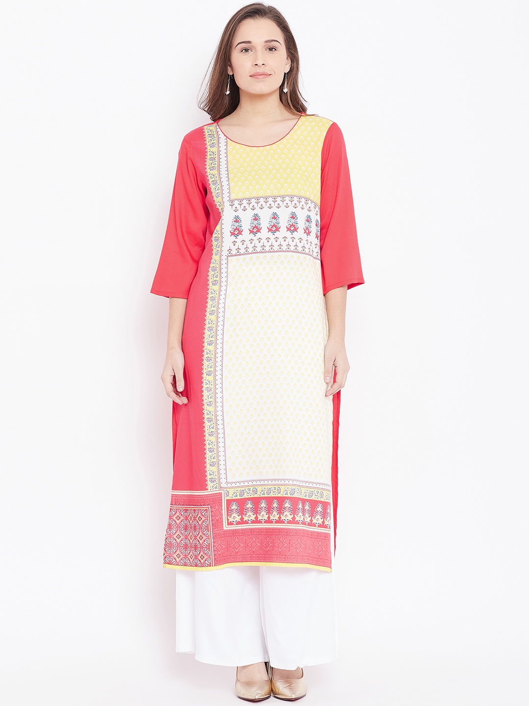 AURELIA Women Coral Pink & Off-White Printed Straight Kurta