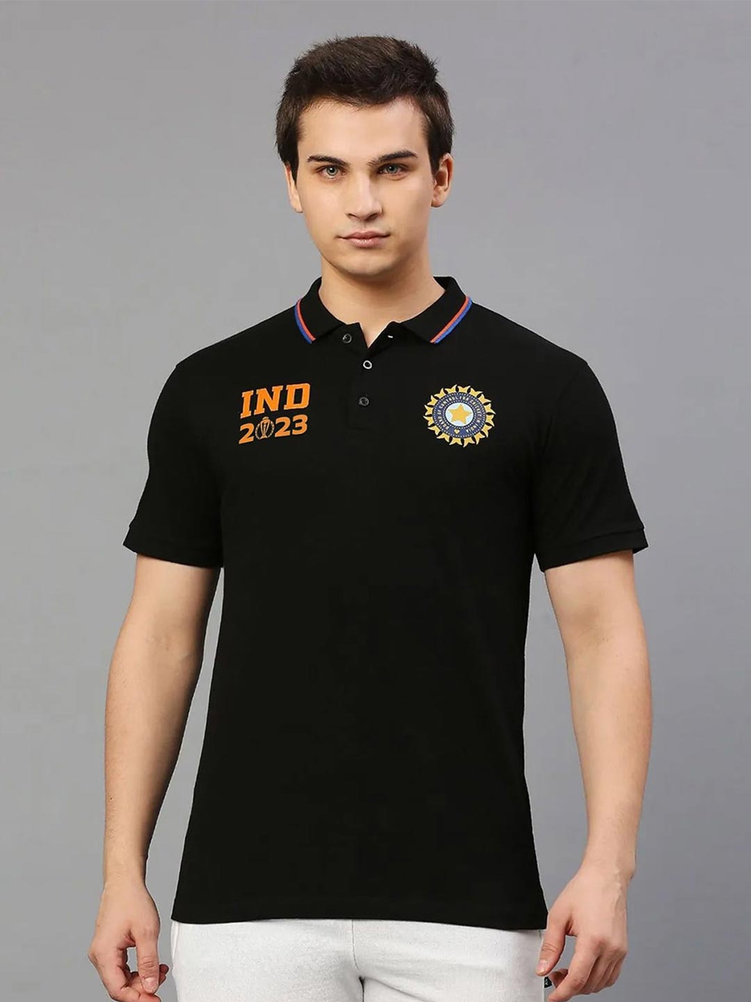 FanCode Typography Printed Polo Collar Bio Finish Pure Cotton Cricket T-shirt, Black