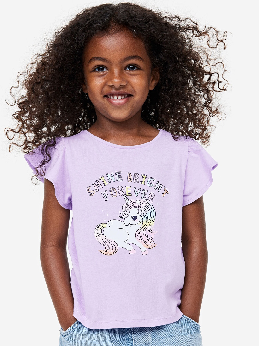 H&M Girls Flutter-Sleeved Printed Top, Purple