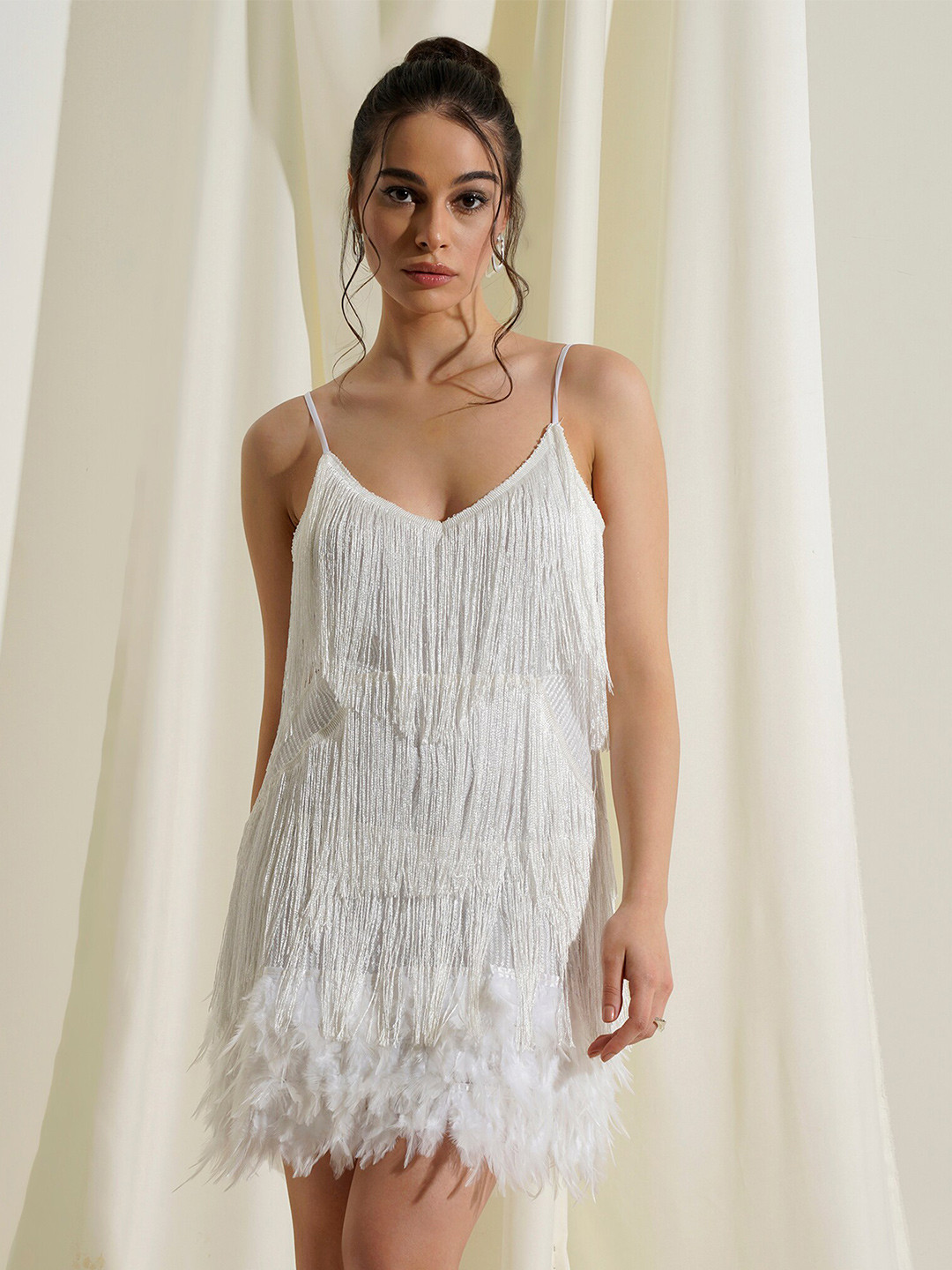 PRIZO Self Design Shoulder Strap Fringed A-Line Dress, White
PRIZO Self Design Shoulder Strap Fringed A-Line Dress, White