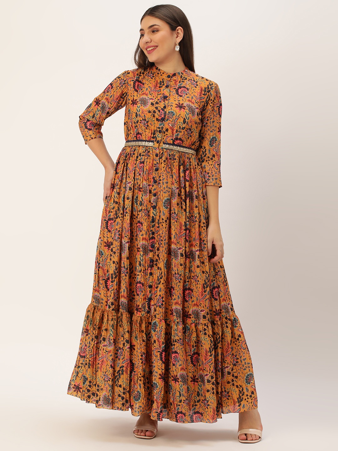 Ethnovog Floral Print A-Line Maxi Dress, Mustard