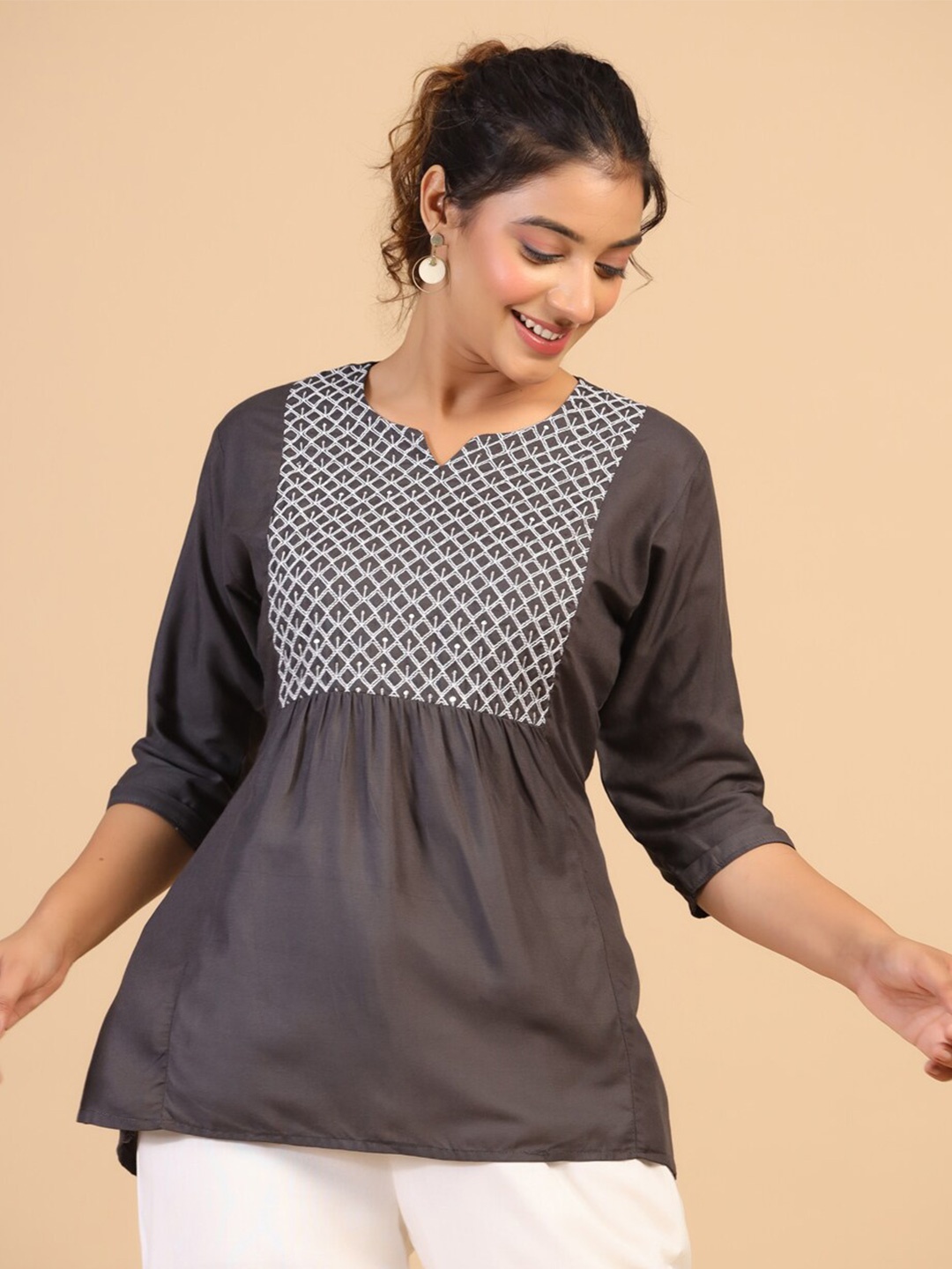 KALINI Yoke Embroidered Peplum Top, Grey