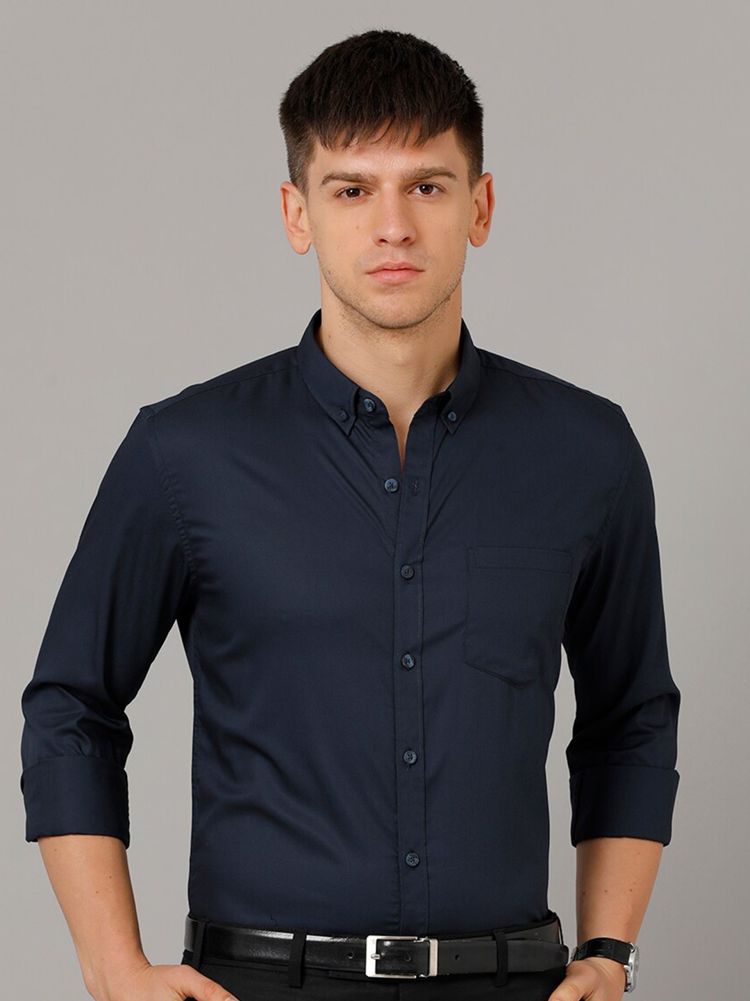 YOVISH Button Down Collar Comfort Opaque Formal Shirt, Navy blue