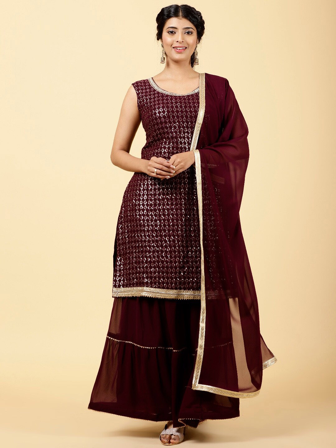 Meena Bazaar Ethnic Motifs Sequinned Detail Straight Kurta & Sharara with Dupatta, Maroon
Meena Bazaar Ethnic Motifs Sequinned Detail Straight Kurta & Sharara with Dupatta, Maroon