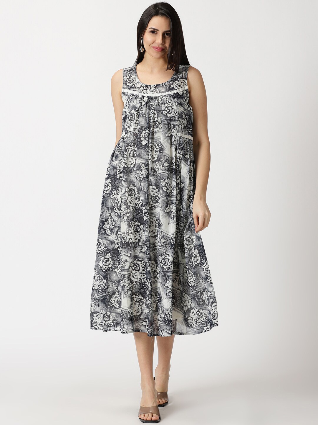 Saffron Threads Vintage Floral Printed Lace Inserts Pure Cotton A-Line Midi Dress, Grey
Saffron Threads Vintage Floral Printed Lace Inserts Pure Cotton A-Line Midi Dress, Grey