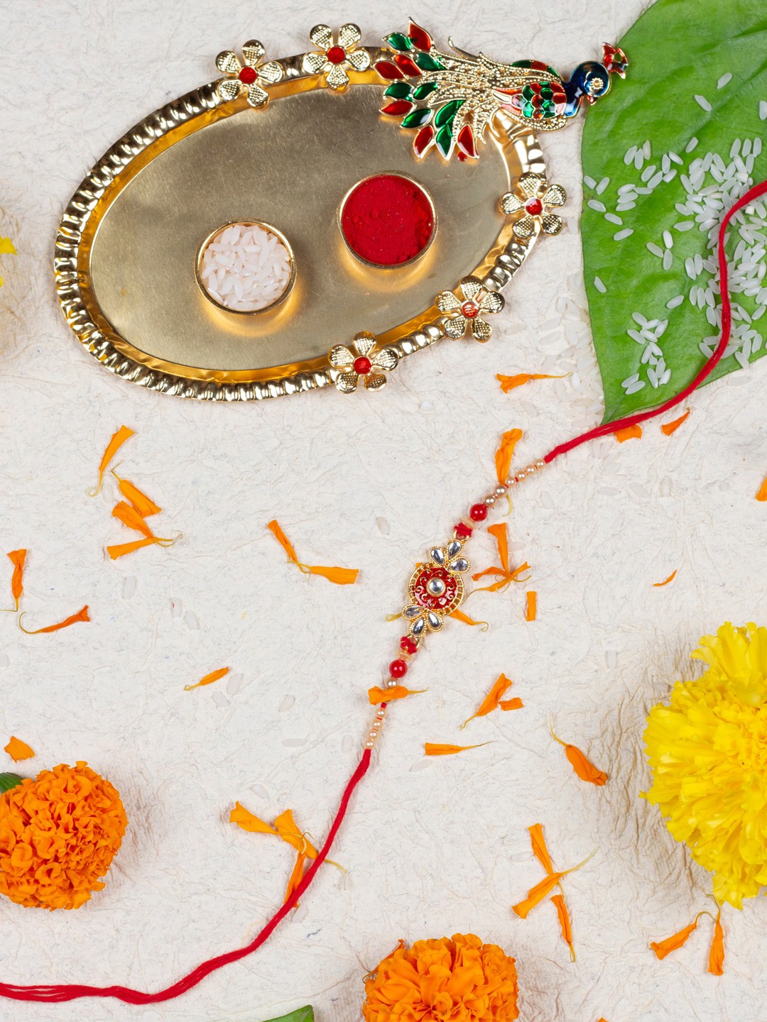 AccessHer Stone Studded & Beaded Ethnic Rakhi With Roli, Rice, Greeting card & Pooja Thali, Gold
AccessHer Stone Studded & Beaded Ethnic Rakhi With Roli, Rice, Greeting card & Pooja Thali, Gold