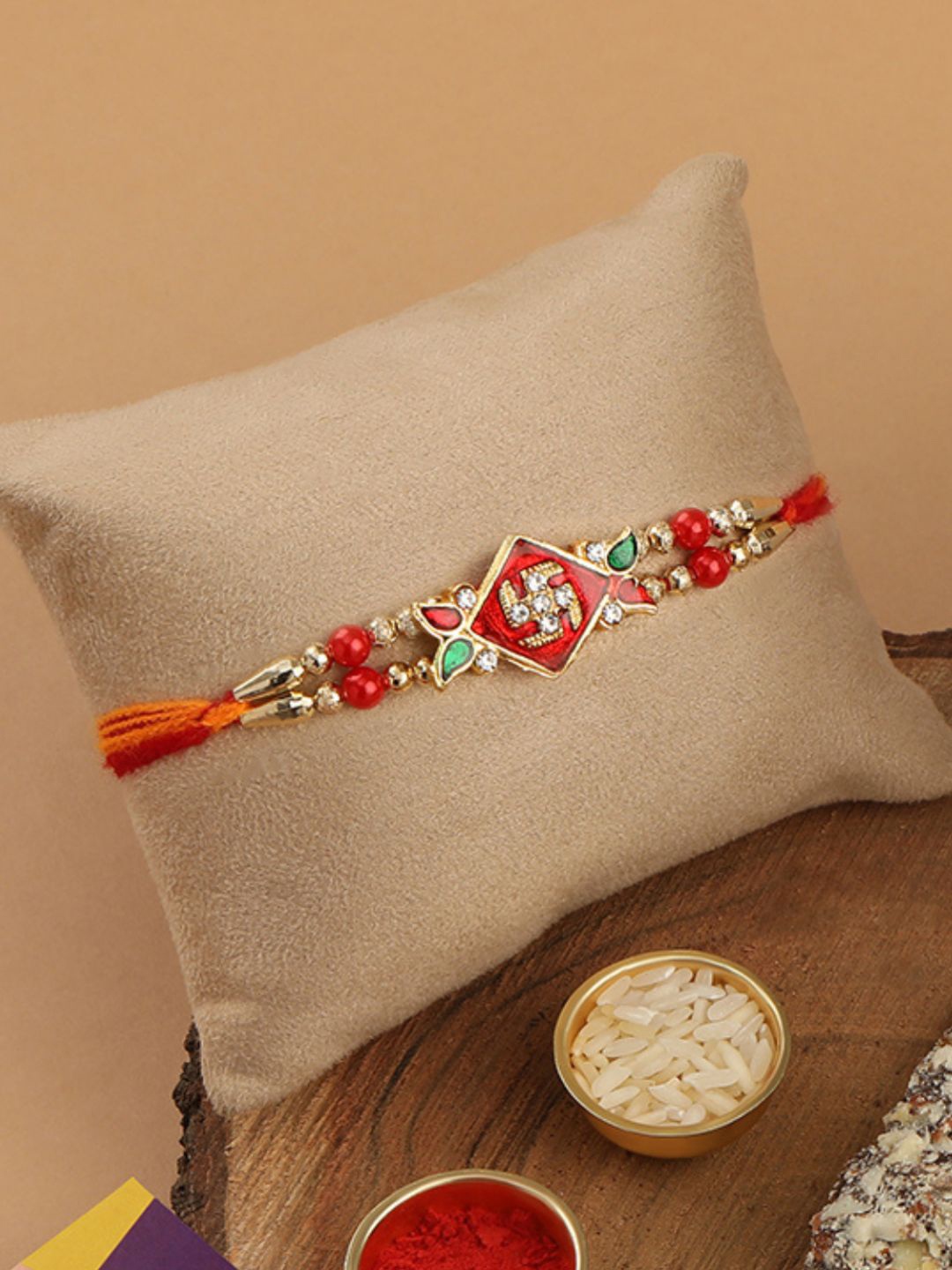 AccessHer Stone-Studded Religious Swasthik Rakhi With Roli Chawal & Greeting Card, Gold
AccessHer Stone-Studded Religious Swasthik Rakhi With Roli Chawal & Greeting Card, Gold