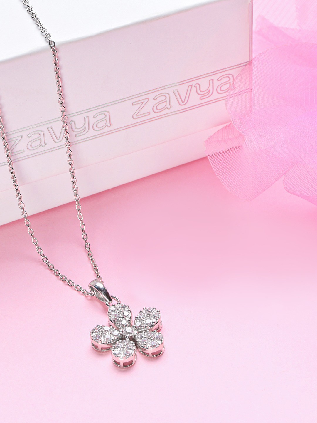 Zavya Women Floral Rhodium-Plated CZ Studded 925 Pure Sterling Silver Pendant with Chain
Zavya Women Floral Rhodium-Plated CZ Studded 925 Pure Sterling Silver Pendant with Chain