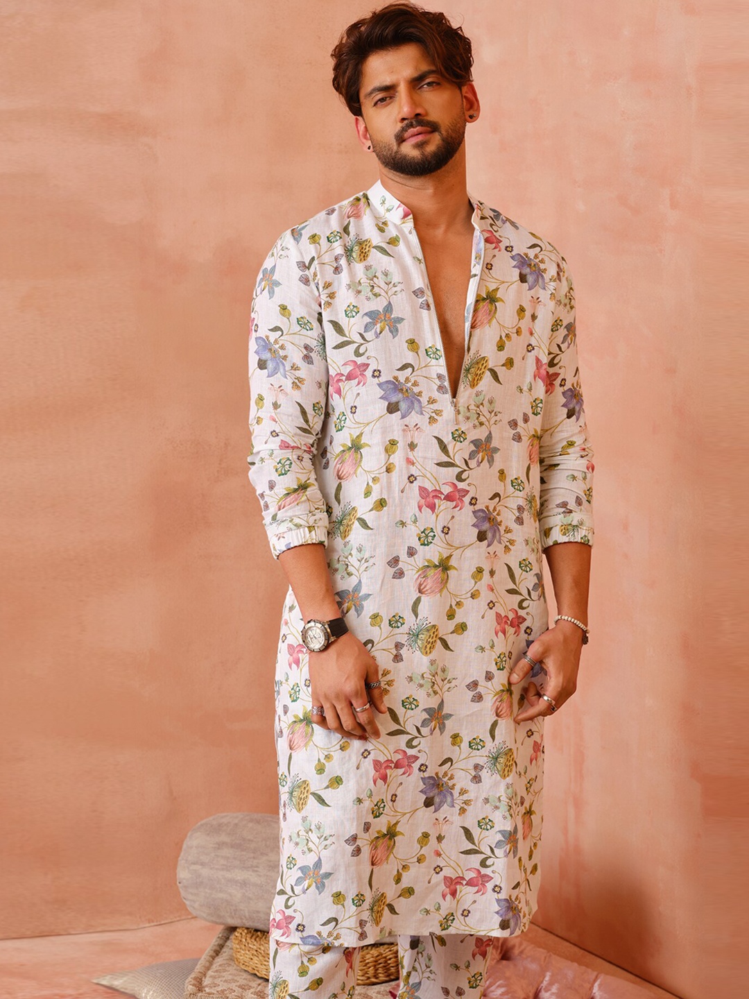 PS MEN BY PAYAL SINGHAL Floral Printed Mandarin Collar Linen Kurta with Trousers, White
PS MEN BY PAYAL SINGHAL Floral Printed Mandarin Collar Linen Kurta with Trousers, White