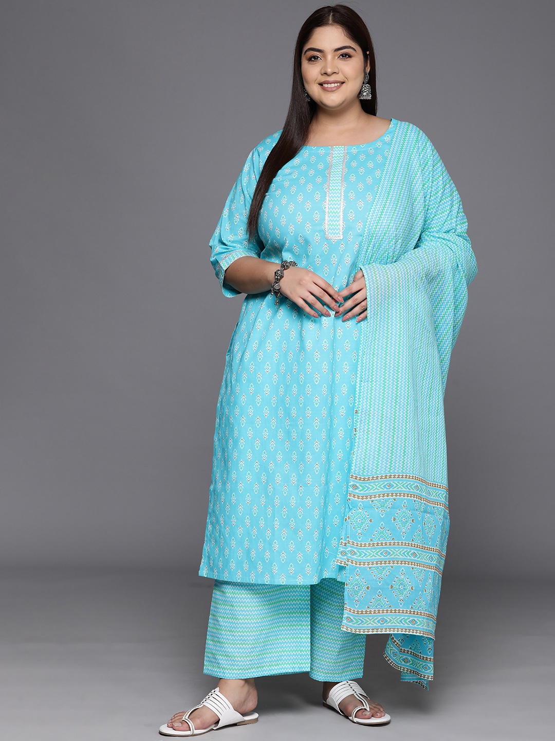 EXTRA LOVE BY LIBAS Plus Size Ethnic Motifs Printed Gotta Patti Cotton Kurta with Dupatta, Turquoise blue
EXTRA LOVE BY LIBAS Plus Size Ethnic Motifs Printed Gotta Patti Cotton Kurta with Dupatta, Turquoise blue