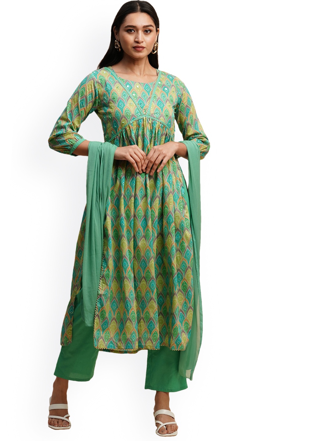 KALINI Bandhani Printed Gotta Patti Pure Cotton Kurta with Trousers & Dupatta, Sea green
KALINI Bandhani Printed Gotta Patti Pure Cotton Kurta with Trousers & Dupatta, Sea green