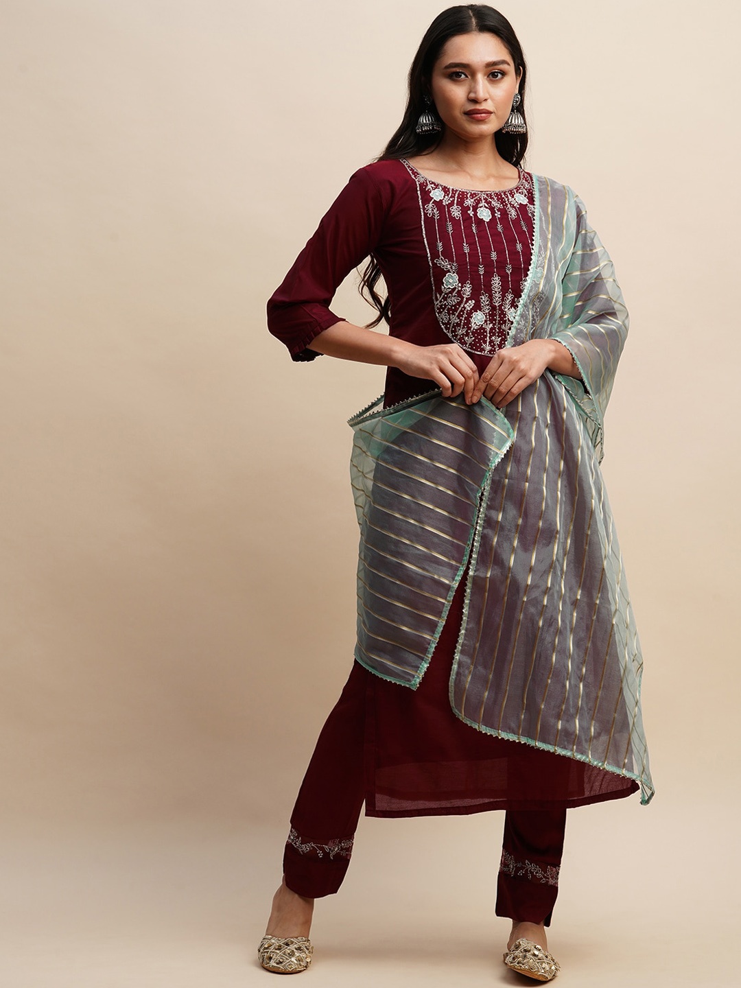Sangria Burgundy & Blue Embroidered Yoke Design Straight Kurta With Trouser & Dupatta
Sangria Burgundy & Blue Embroidered Yoke Design Straight Kurta With Trouser & Dupatta