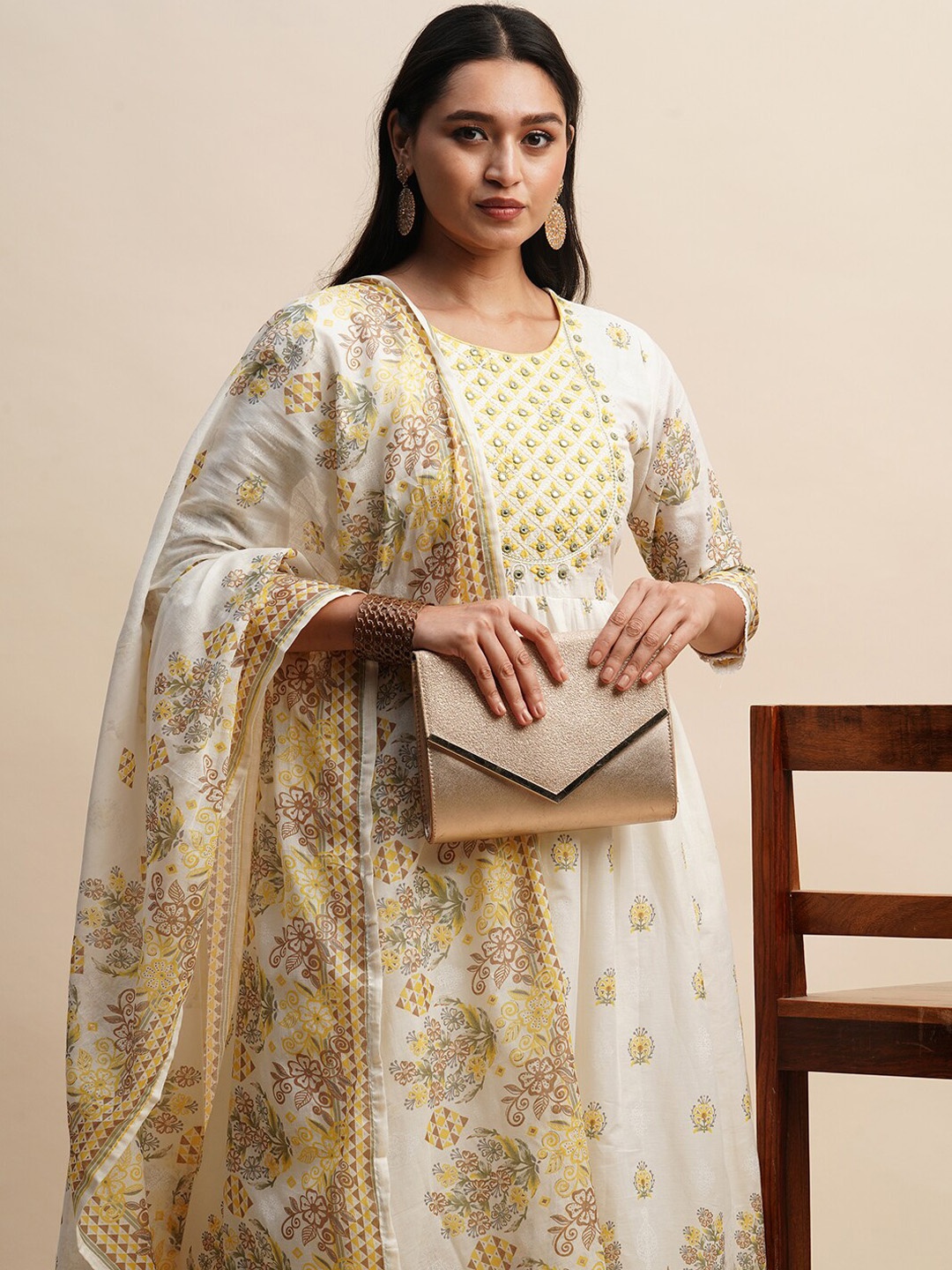 Sangria White & Yellow Floral Printed Mirror Work Cotton Kurta With Trouser & Dupatta
Sangria White & Yellow Floral Printed Mirror Work Cotton Kurta With Trouser & Dupatta