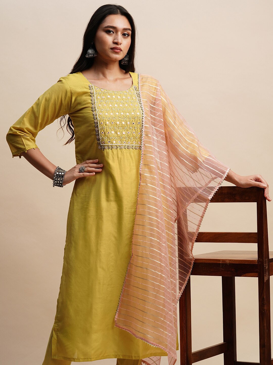 Sangria Mustard Embroidered Mirror Work Yoke Design Straight Kurta With Trouser & Dupatta
Sangria Mustard Embroidered Mirror Work Yoke Design Straight Kurta With Trouser & Dupatta